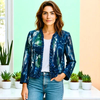 Alberto Makali Jacket Multi-Color Lined EYELET LACING Open Front Womens Medium - Image 1 of 4