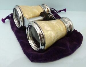 French Art Deco Chrome Plated Opera Glasses Faux Mother of Pearl Binoculars RARE