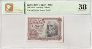 1953 Spain 1 Peseta Pick#144a 58 Choice About UNC - Picture 1 of 2