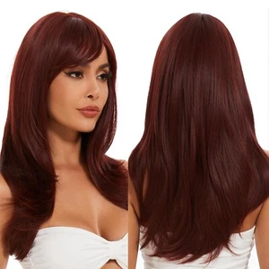 Red Wig With Bangs Long Body Straight Wigs Hair Preplucked Hairline Natural Wigs - Picture 1 of 9