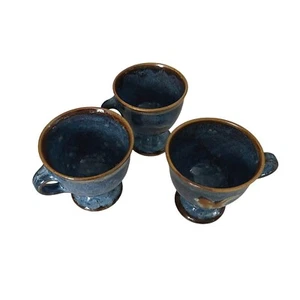 Blue Glazed Pottery Footed Mugs Set of 3 - Picture 1 of 6