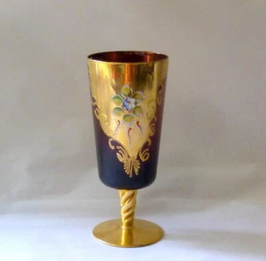 Vintage Bohemian Czech Amethyst Art Glass Vase w Emailling & Heavy 24K Gold - Bild 1 von 6