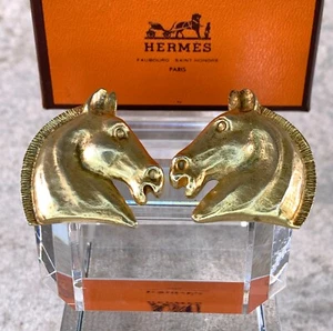 Hermes Horse Head Earrings Gold Plated Bijouterie Fantaisie 35 x 32 mm with Case - Picture 1 of 14