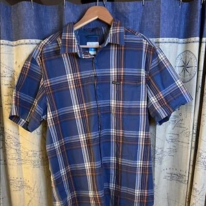 Columbia Casual Blue and Orange Plaid button down short sleeve Shirt Large - Picture 1 of 6