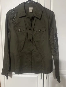 Chico's Women’s 4/6 Olive Green Embroidered-Beaded Button Down Jacket-NWOT - Picture 1 of 15