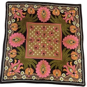 VTG 60S 70S GREEN PINK ORANGE BROWN PSYCHEDELIC FLORAL PALM TREE DAISY SCARF - Picture 1 of 4