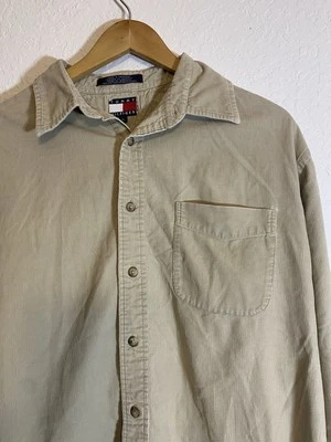 Винтажная мужская рубашка Tommy Hilfiger размер Large бежевый вельветовый оксфордский тигровый герб 90-е - Изображение 1 из 4