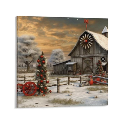 Vintage Farmhouse Country Christmas Holiday Barn Horses Canvas Print 16 x 16 NEW - Image 1 of 4