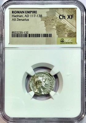 117-138 AD Adriano Prata Romana Antiga “Gênio” Denário Roma NGC Escolha XF - Imagem 1 de 4