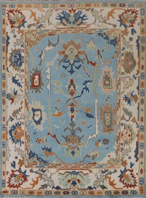 Muted Blue Vintage Style Oushak Area Rug Hand Knotted Traditional Floral Carpets - Image 1 of 4