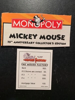 Monopoly  Mickey Mouse  THE MOUSE FACTORY   Title Deed Card  75th Aninnversary - Image 1 of 4