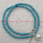 4mm Blue Turquoise Gems Beads 14mm White Shell Pearl Pendant Necklace 18"