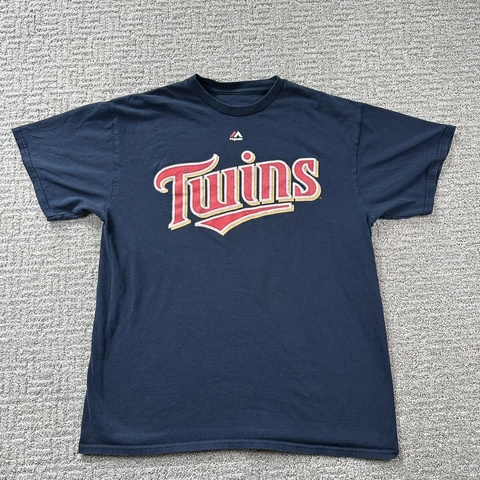 Majestic Minnesota Twins Shirt Large Blue Short Sleeve Joe Mauer 7 Logo Top Mens Cover