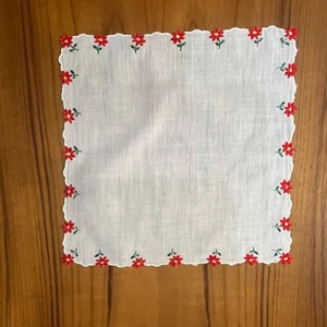 Vintage Hankerchief Red Daisy Poinsettia Cosmos Hanky Grandmacore Cottagecore - Picture 1 of 10