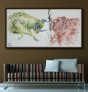 Bull vs. Bear 44" - wall street stock exchange, oil painting by Koby Feldmos - Picture 1 of 5