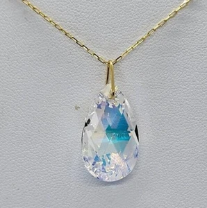m/w Gold Vermeil Swarovski Crystal Clear AB Pear 6106 Pendant Chain Necklace - Picture 1 of 2