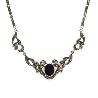 Collana in argento 925 antico 47 cm onice nera da donna collier marcasite gio... - Immagine 1 di 4