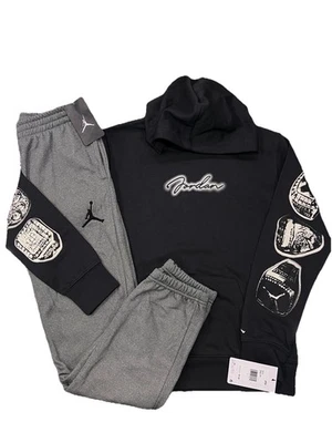 NUEVO CON ETIQUETAS NIKE AIR JORDAN BOY CONJUNTO DE 2 PIEZAS SUDADERA CON CAPUCHA NEGRA Y GRIS DRI-FIT ACTIVE JOGGERS L Foto 1 de 3