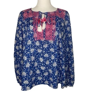 J. Crew Top Womens Size Small Blue Pink Floral Embroidered 100% Cotton Blouse - Picture 1 of 9