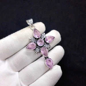 925 Sterling Silver Rose Cut Pink Topaz Gemstone Handmade Jewelry Cross Pendant - Picture 1 of 3