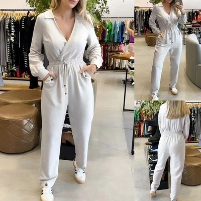 Mono informal suelto con cuello en V envolvente talla grande para mujer mameluco pantalones largos trajes de juego Foto 1 de 4