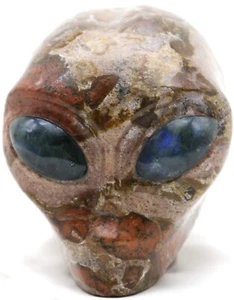 Increíble piel de leopardo arte de jaspe esculpido CABEZA ALIENÍGENA con ojos de piedras preciosas de labradorita - Imagen 1 de 6