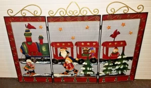 CHRISTMAS ENAMEL METAL TRI-FOLD FIRE PLACE SCREEN 3D SANTA SNOWMAN TRAIN 48"x33" - Picture 1 of 4