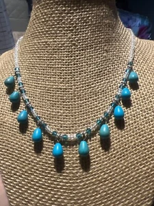 Vtg Turquoise Clear Glass Beaded Necklace Teardrop Dangles Hook Clasp Estate 16" - Picture 1 of 4