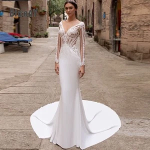 Exquisite Mermaid Wedding Dresses V-Neck Bridal Gowns Lace Applique Sweep Train - Picture 1 of 5