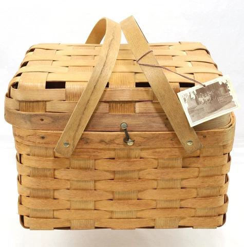 Peterboro Large Picnic Basket Hinged Lid Red & White Checkered Cloth Cover, 13" Cover