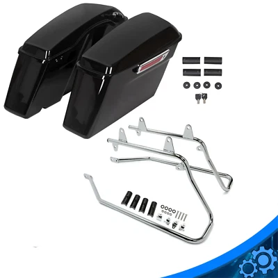 Black Hard Saddlebags Bag W/ Chrome Conversion Brackets Mount For Harley Softail - Image 1 of 4