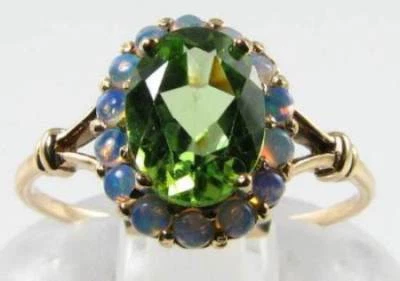 LUSH 9k 9CT GOLD PERIDOT AUS OPAL ART DECO INS CLUSTER RING FREE RESIZE - Image 1 of 4