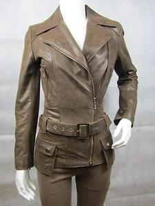 Ladies Brown Old Look Napa Leather Slim Tight Fitted Biker Jacket Bike - Picture 1 of 12