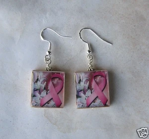Pendientes de concientización sobre el cáncer de mama cinta rosa Scrabble arte alterado encanto  - Imagen 1 de 1