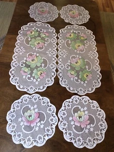 Lace Doilies & Dresser Scarfs Pastel Lotus White Pink Green Yellow Set Of 6 VTG - Picture 1 of 11