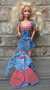 2 Vtg 90s Barbie Doll Blue Jean Dress Red White Dots + Acid Wash Gingham Dress - Picture 1 of 11