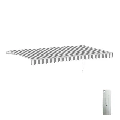ALEKO Retractable Motorized  16 x 10 feet Patio Awning Grey White Stripes Canopy - Image 1 of 4
