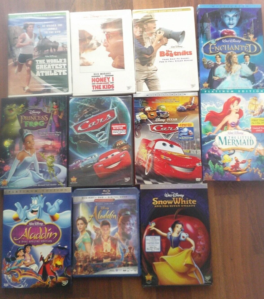 Disney DVDs - Aladdin, Cars, Enchanted, Little Mermaid, Snow White, Boatniks - Image 1 of 1