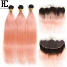Dark Roots Rose Gold Ombre 3 Bundles With Lace Frontal  Straight Hair Weave Remy