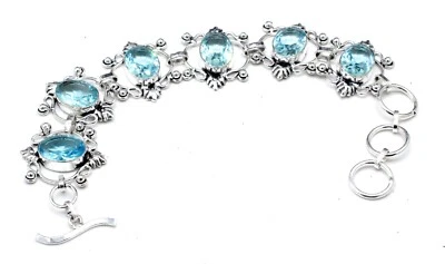 925 Sterling Silver Blue Zircon Gemstone Handmade Jewelry Bracelet Size-7-8 - Image 1 of 4