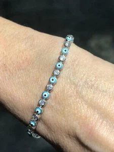 Pulsera de tenis apilable Platino Plata Esterlina Blanco Zafiro Mal de Ojo Halo - Imagen 1 de 11