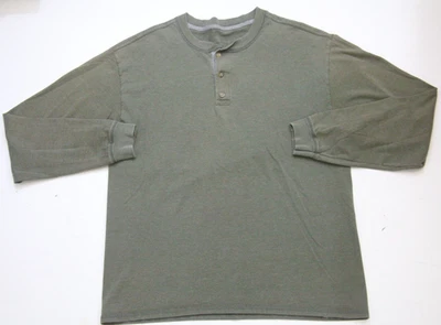 Large Hanes Beefy-T Gray Olive Cotton Poly Crewneck Henley Tee T-Shirt Top S6 - Image 1 of 4