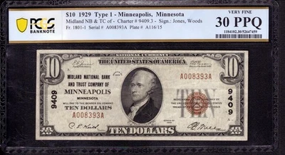 1929  $10 MIDLAND NATIONAL BANK NOTE MINNEAPOLIS MINNESOTA PCGS B VF 30 PPQ - Image 1 of 2