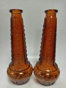Pair of Vintage Dabs Amber Glass Vases with Textured Pattern 11.5 Inch Tall - Picture 1 of 7