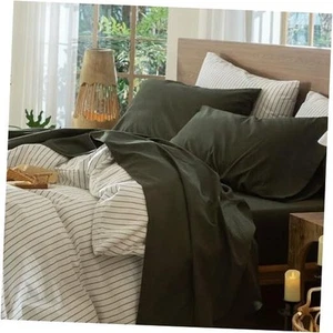 Bedding Sheet Set 100% Washed Cotton Linen Like Textured Queen Olive Green - Picture 1 of 7