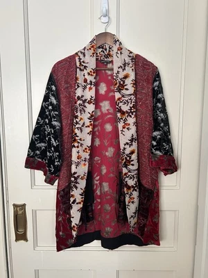 John Mark Floral Velvet Burnout Embroidered Kimono Ruana Womens SIze XL Red - Image 1 of 4