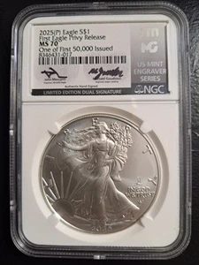 2025(P) SILVER EAGLE PRIVY NGC MS70 FIRST 50K MERCANTI GAUDIOSO LIMITED SIGNED  - Picture 1 of 4