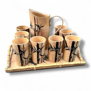 Natural Bamboo Tiki Bar Mugs Jug Tray Set Barware Japan Vintage 60s Midcentury - Picture 1 of 10