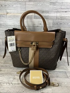 NEW MICHAEL KORS HAMILTON LEGACY BAG BROWN TAN LOGO BELTED CHAIN LARGE SATCHEL - Picture 1 of 11