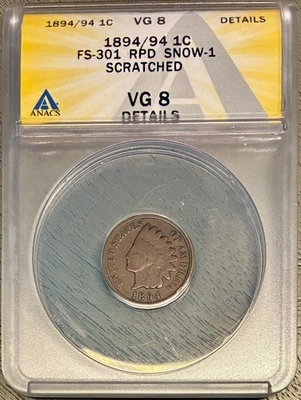 1894/94 Indian Head Cent, ANACS VG-8 Details, FS-301 RPD Snow-1, Scratched - Image 1 of 4